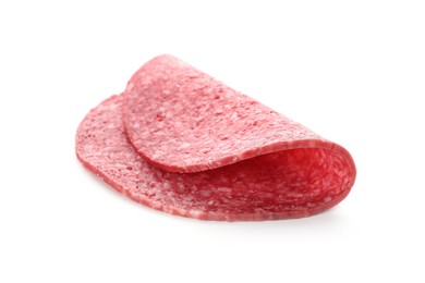 Photo of Slice of tasty smoked sausage isolated on white