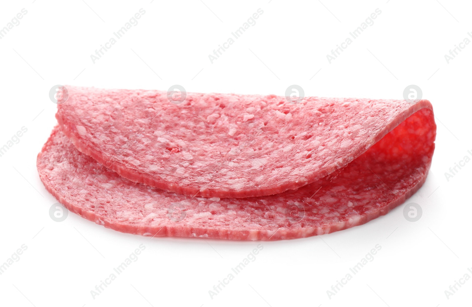 Photo of Slice of tasty smoked sausage isolated on white