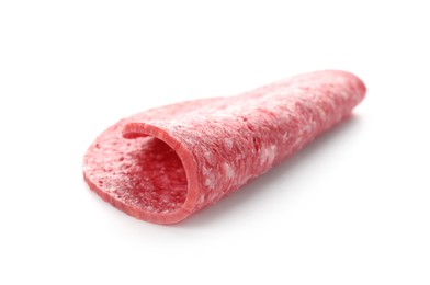 Photo of Slice of tasty smoked sausage isolated on white