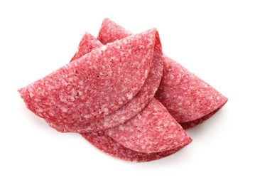 Photo of Slices of tasty smoked sausage isolated on white, top view