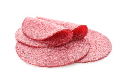 Photo of Slices of tasty smoked sausage isolated on white