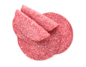 Photo of Slices of tasty smoked sausage isolated on white, top view