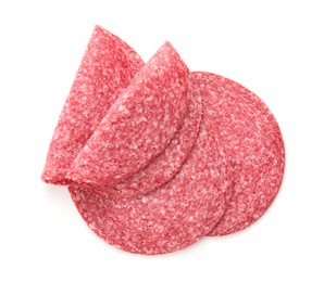 Photo of Slices of tasty smoked sausage isolated on white, top view