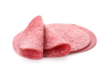 Photo of Slices of tasty smoked sausage isolated on white
