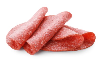 Photo of Slices of tasty smoked sausage isolated on white