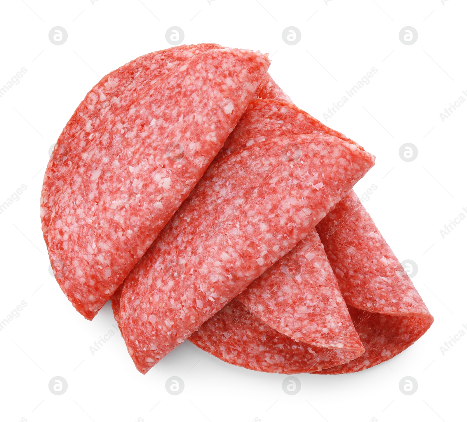 Photo of Slices of tasty smoked sausage isolated on white, top view
