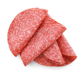Photo of Slices of tasty smoked sausage isolated on white, top view