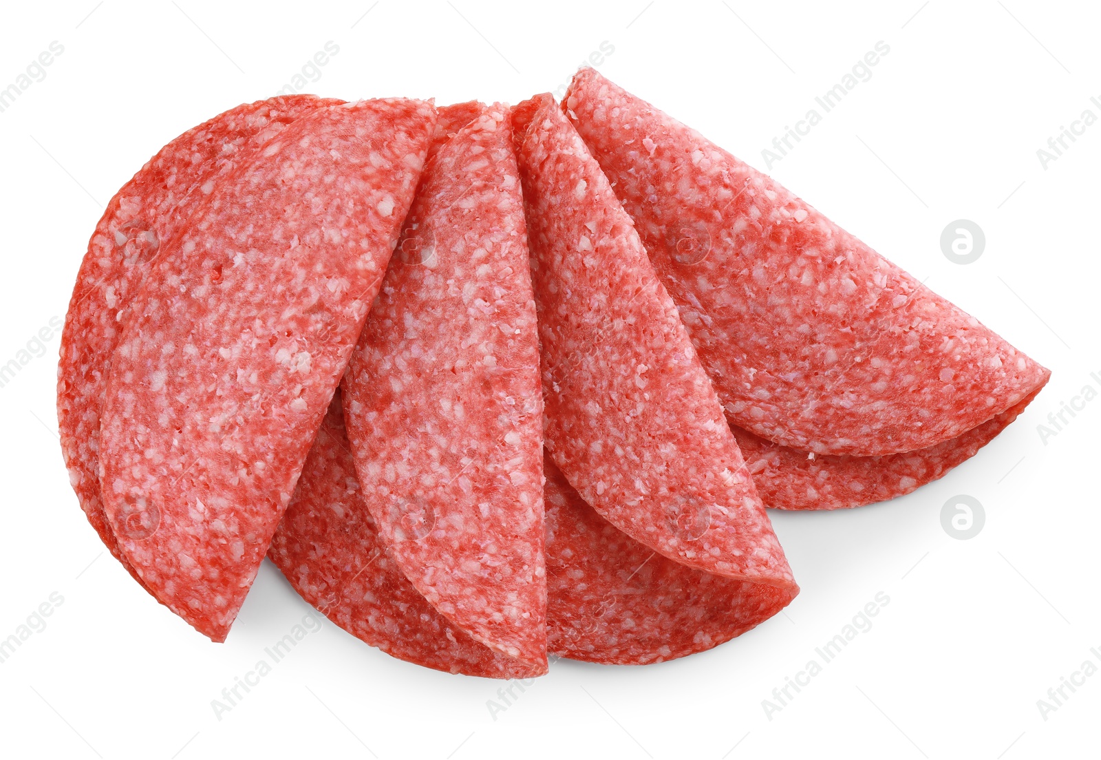 Photo of Slices of tasty smoked sausage isolated on white, top view