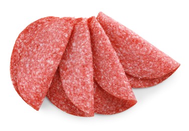 Photo of Slices of tasty smoked sausage isolated on white, top view