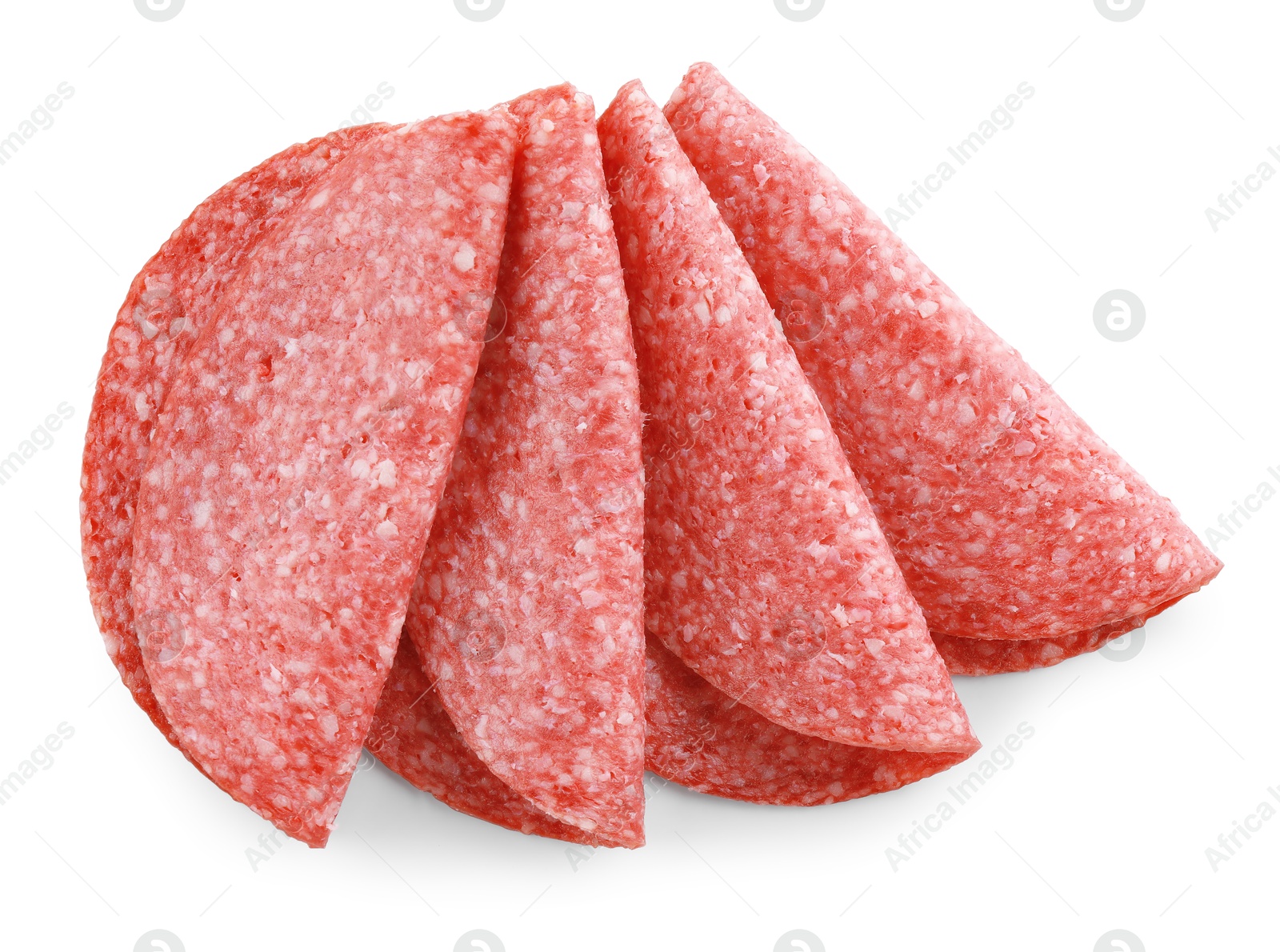 Slices of tasty smoked sausage isolated on white, top view Photo of Slices of tasty smoked sausage isolated on white, top view
