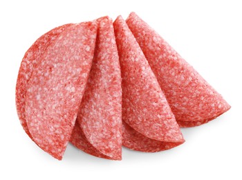 Photo of Slices of tasty smoked sausage isolated on white, top view
