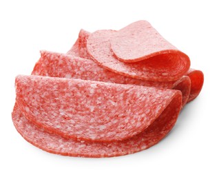 Photo of Slices of tasty smoked sausage isolated on white