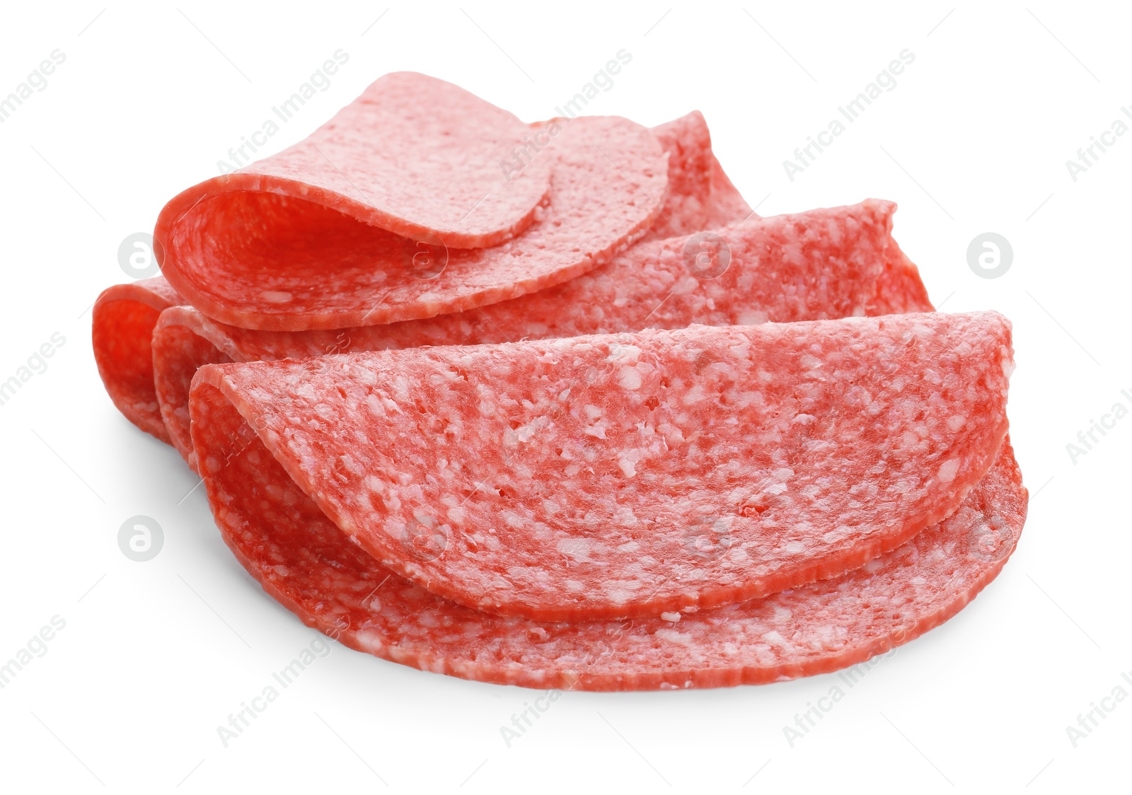 Photo of Slices of tasty smoked sausage isolated on white
