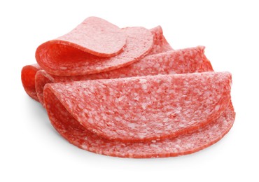 Photo of Slices of tasty smoked sausage isolated on white