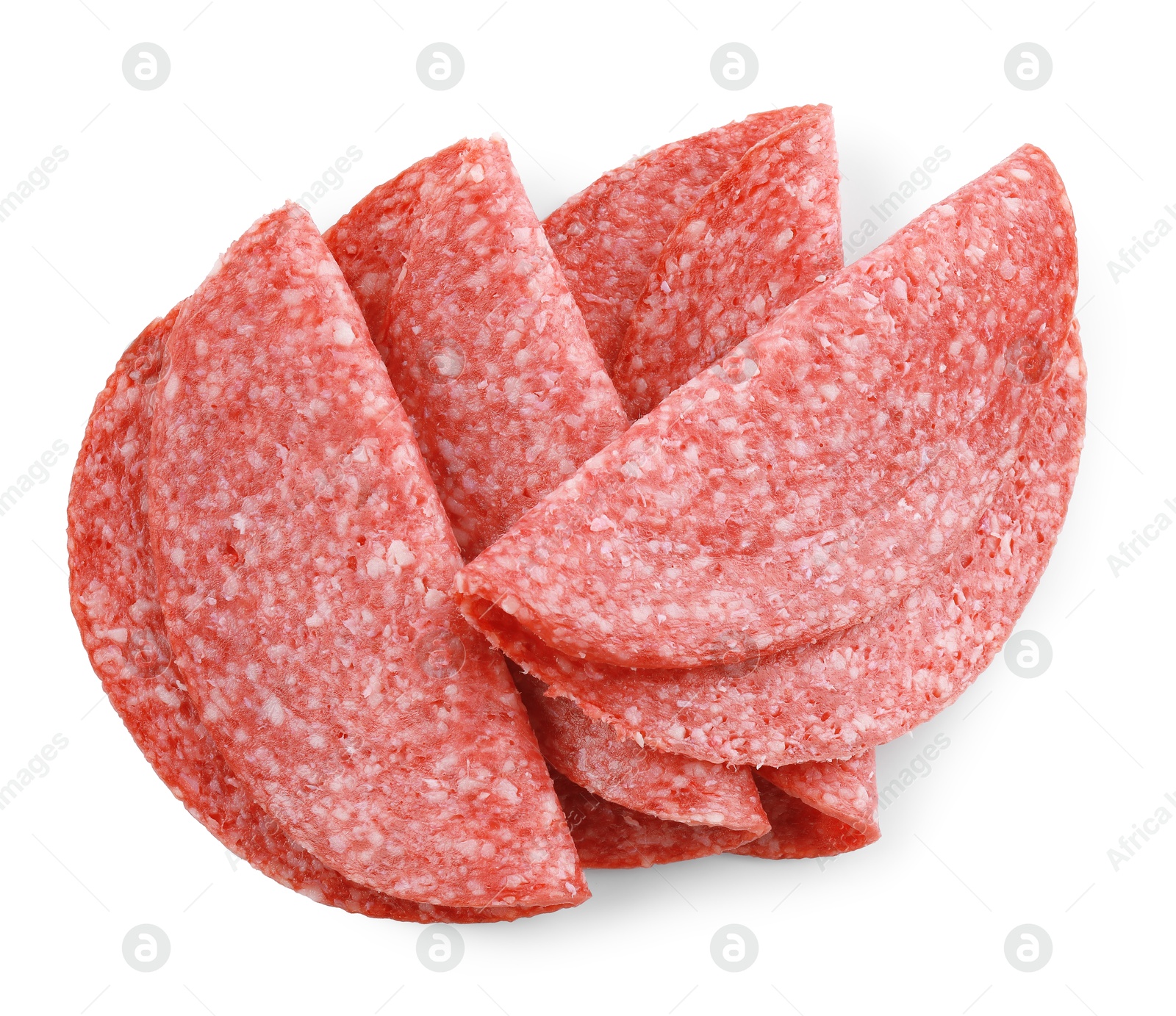 Slices of tasty smoked sausage isolated on white, top view Photo of Slices of tasty smoked sausage isolated on white, top view