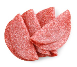 Photo of Slices of tasty smoked sausage isolated on white, top view