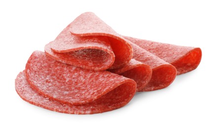 Photo of Slices of tasty smoked sausage isolated on white
