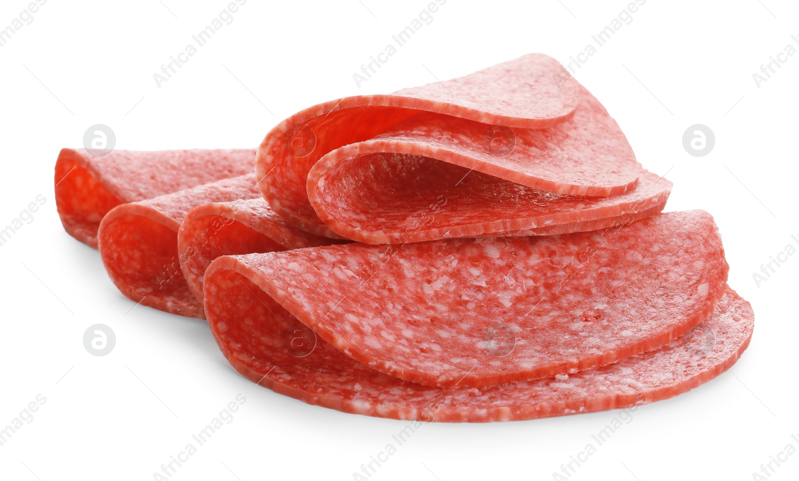 Photo of Slices of tasty smoked sausage isolated on white