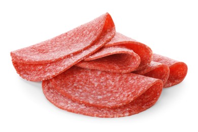 Photo of Slices of tasty smoked sausage isolated on white