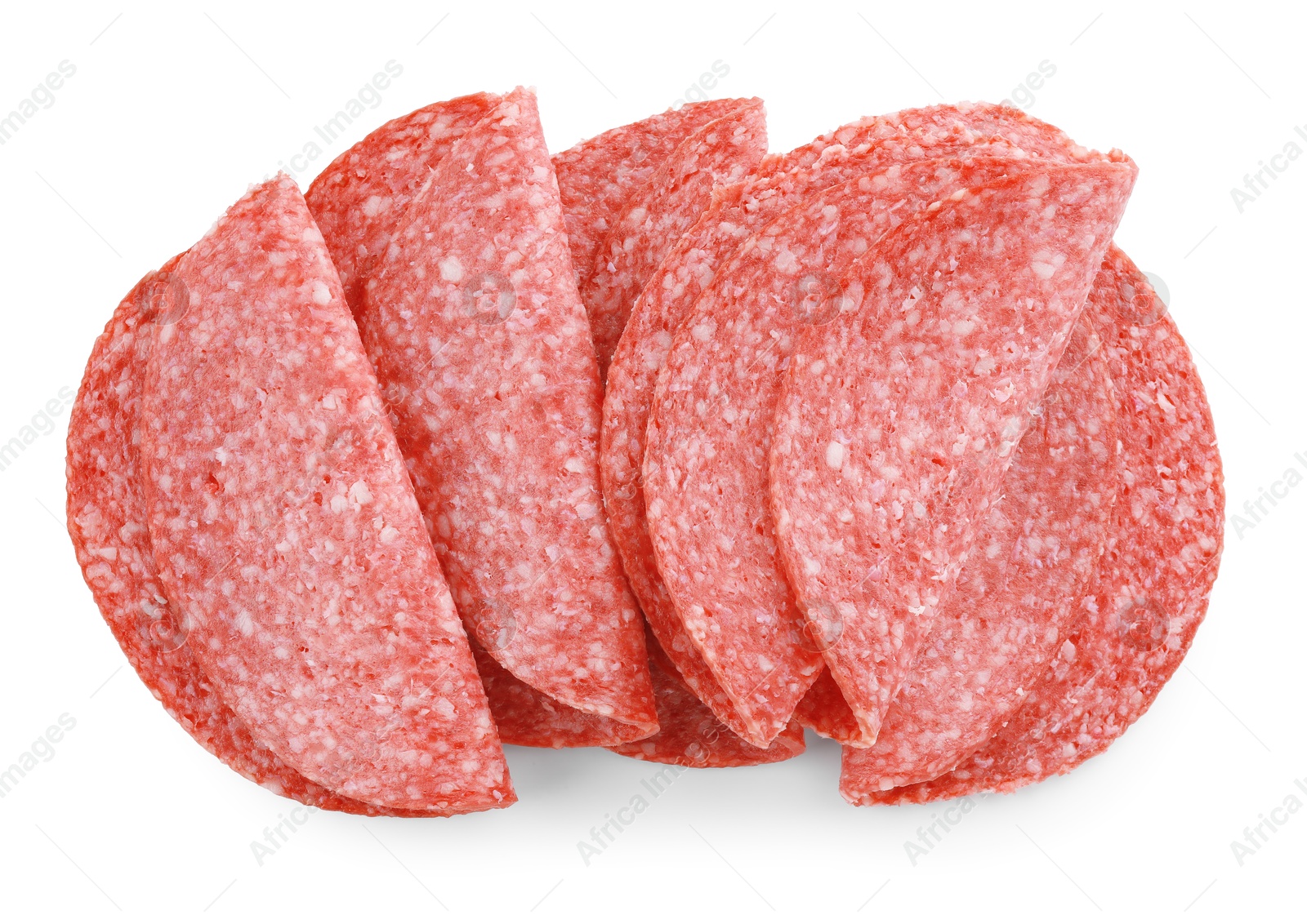 Slices of tasty smoked sausage isolated on white, top view Photo of Slices of tasty smoked sausage isolated on white, top view