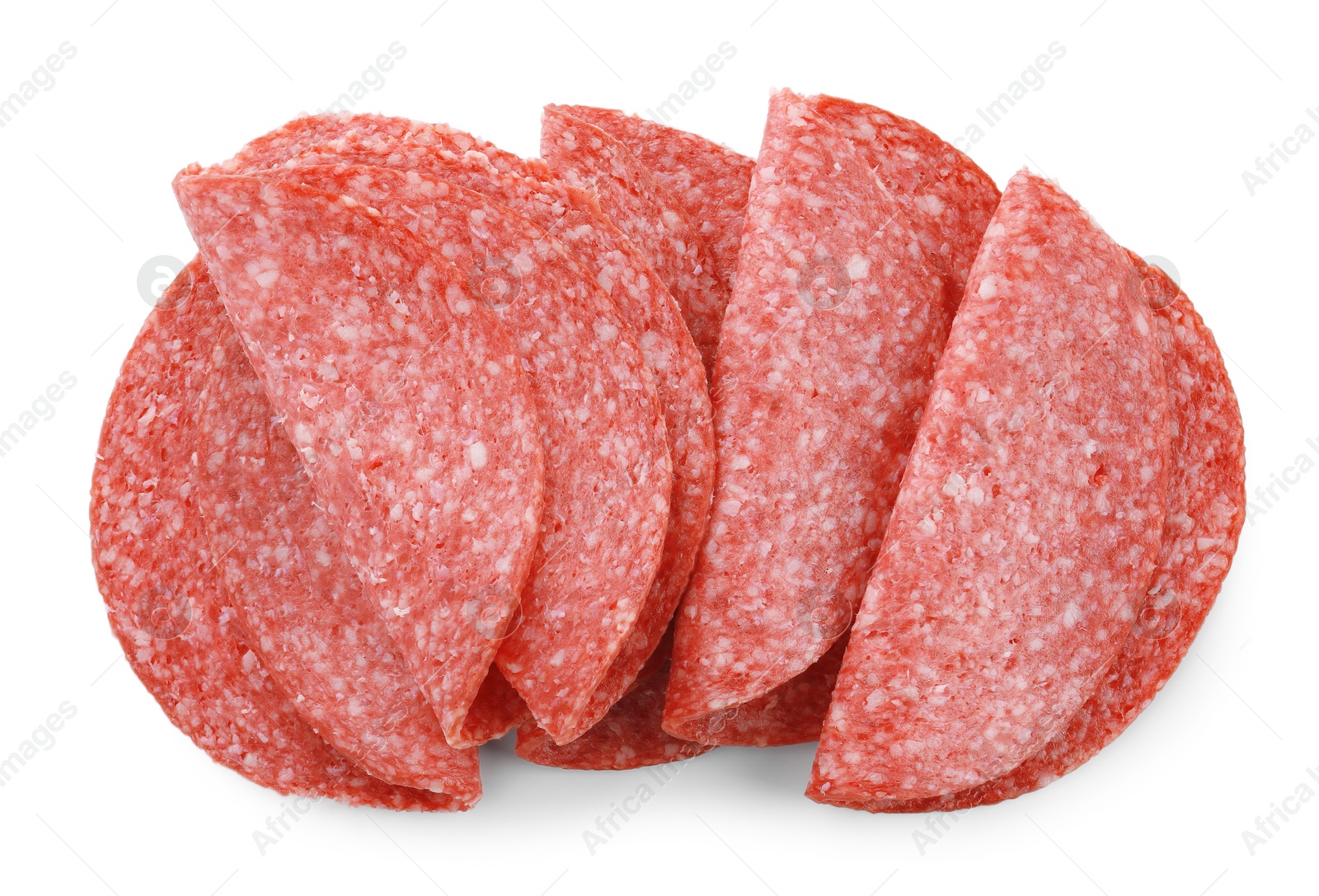 Photo of Slices of tasty smoked sausage isolated on white, top view
