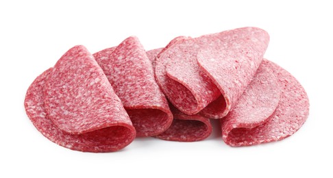 Photo of Slices of tasty smoked sausage isolated on white