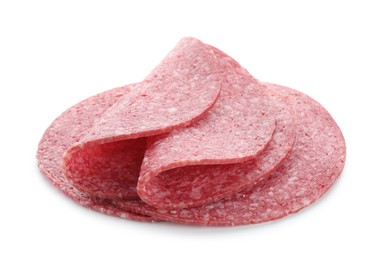 Photo of Slices of tasty smoked sausage isolated on white