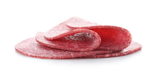 Photo of Slices of tasty smoked sausage isolated on white