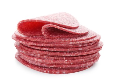 Photo of Slices of tasty smoked sausage isolated on white