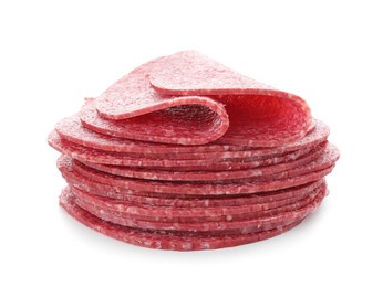 Photo of Slices of tasty smoked sausage isolated on white