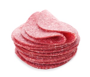 Photo of Slices of tasty smoked sausage isolated on white