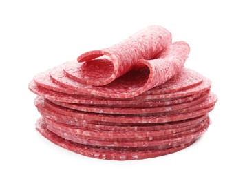 Photo of Slices of tasty smoked sausage isolated on white