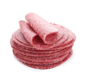 Photo of Slices of tasty smoked sausage isolated on white
