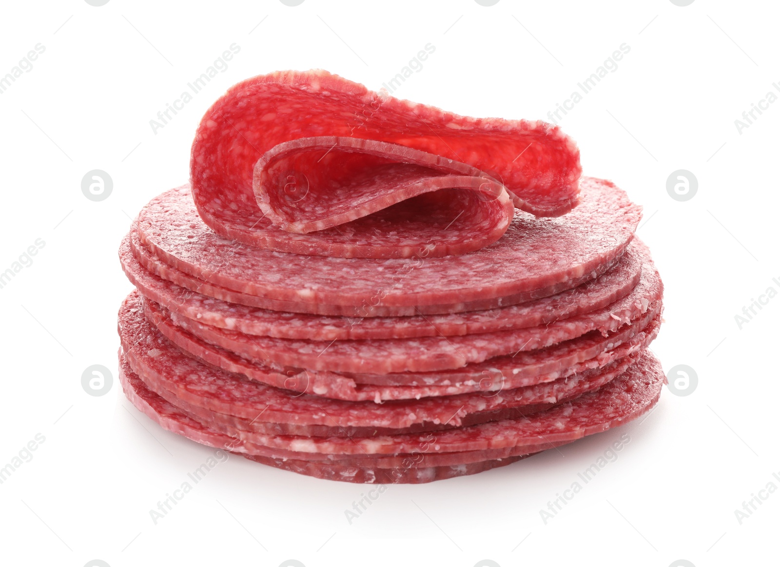 Photo of Slices of tasty smoked sausage isolated on white