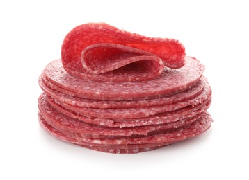 Photo of Slices of tasty smoked sausage isolated on white