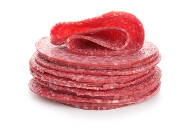 Photo of Slices of tasty smoked sausage isolated on white