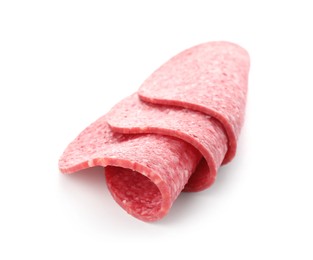 Photo of Slices of tasty smoked sausage isolated on white