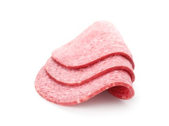 Photo of Slices of tasty smoked sausage isolated on white