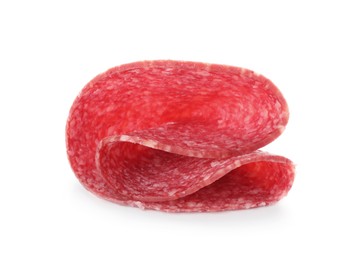 Photo of Slice of tasty smoked sausage isolated on white