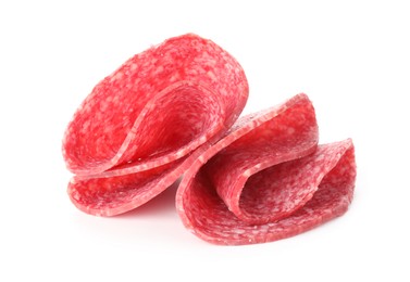 Photo of Slices of tasty smoked sausage isolated on white