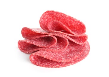 Photo of Slices of tasty smoked sausage isolated on white