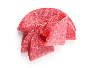 Photo of Slices of tasty smoked sausage isolated on white, top view