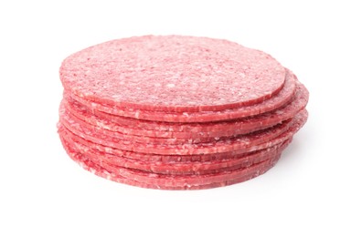 Photo of Slices of tasty smoked sausage isolated on white