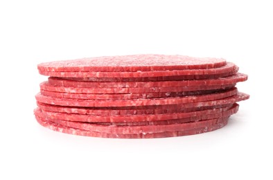 Photo of Slices of tasty smoked sausage isolated on white