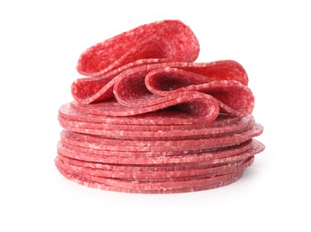 Photo of Slices of tasty smoked sausage isolated on white