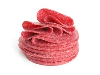 Photo of Slices of tasty smoked sausage isolated on white