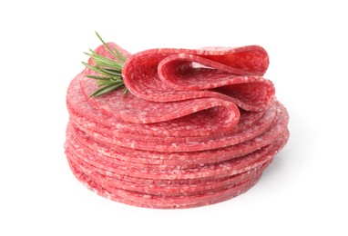 Photo of Slices of tasty smoked sausage with rosemary isolated on white