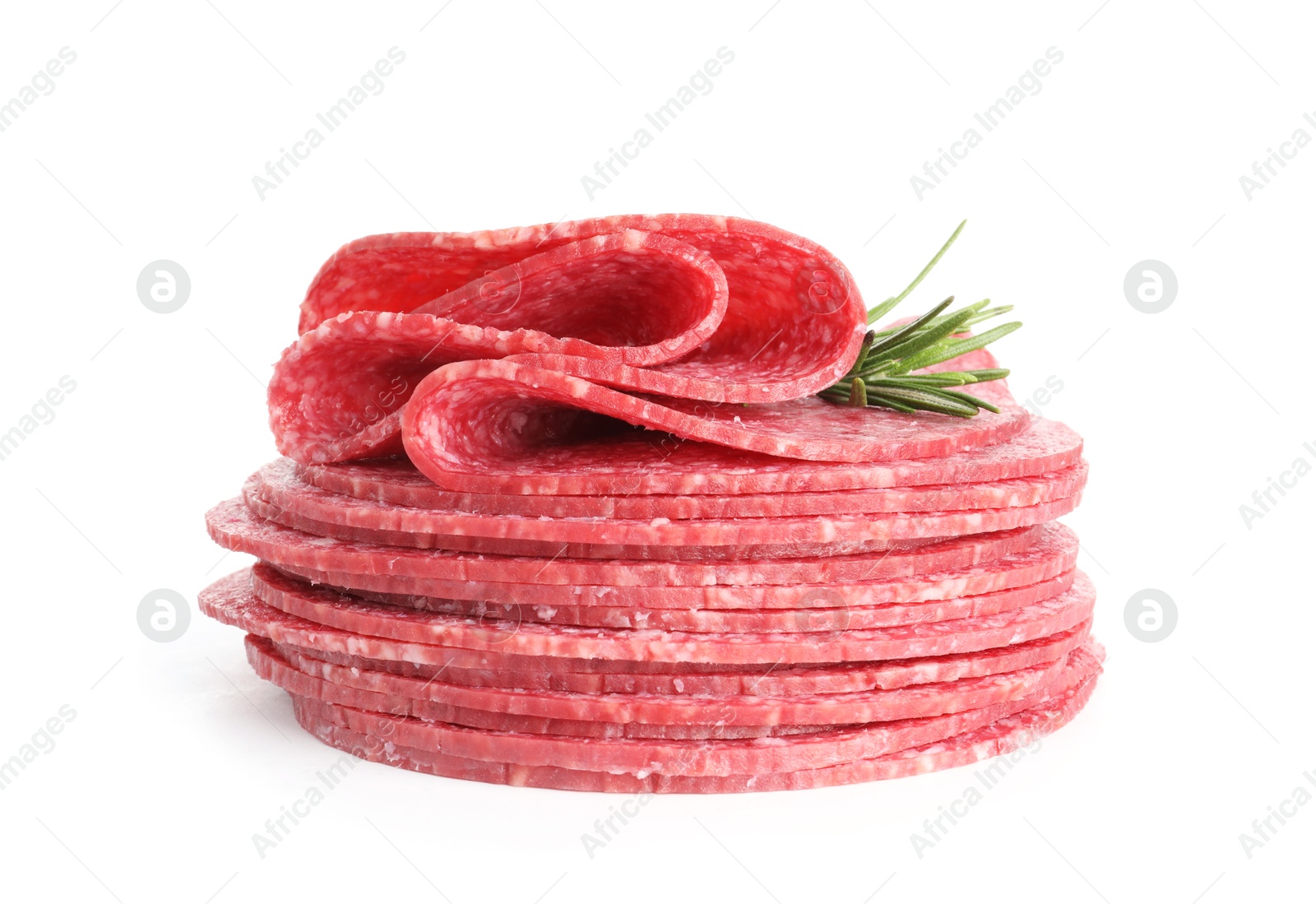 Photo of Slices of tasty smoked sausage with rosemary isolated on white