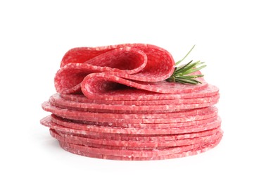 Photo of Slices of tasty smoked sausage with rosemary isolated on white