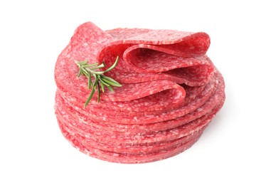 Photo of Slices of tasty smoked sausage with rosemary isolated on white